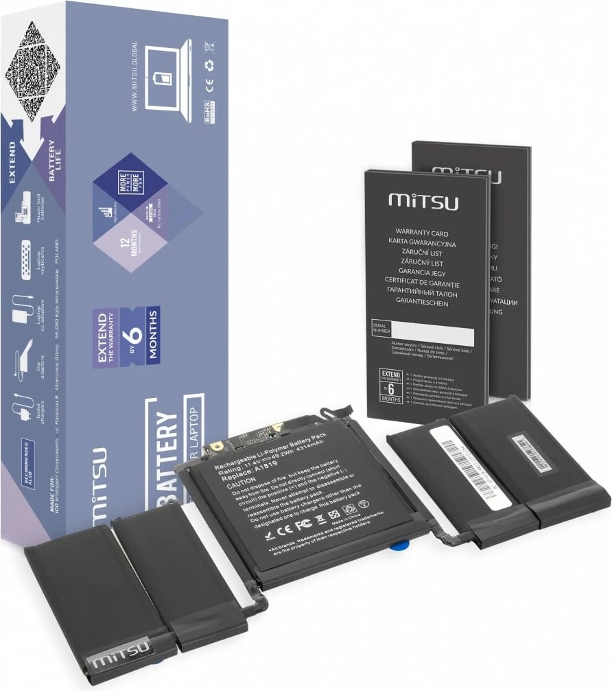 Bateri laptop Mitsu BC/AP-A1819 për MacBook Pro 13, 4314mAh, e zezë