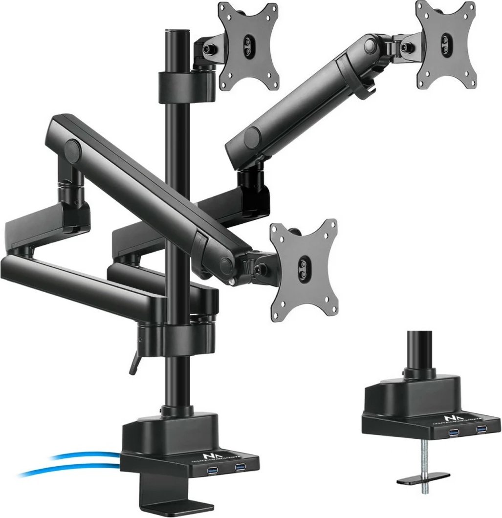 Mbajtës tavoline për 3 monitorë Maclean MC-811, çelik, USB 3.0, zi