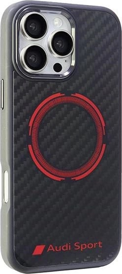 Mbështjellës Audi Carbon Fiber Sport Red Circle MagSafe për iPhone 16 Pro Max 6.9", Zi