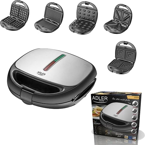 pajisje pjekjeje multifunksionale, Adler AD 3040, 5‑në‑1, 800–1200W, pllaka çelik inox të ndërrueshme, ngjyrë e zezë