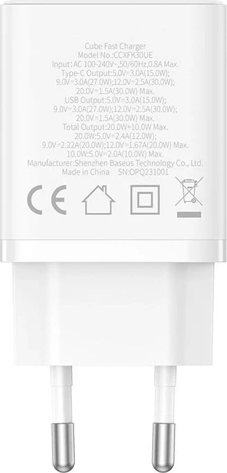 Karikues Baseus P10111404213-00 Cube USB-C / USB-A 30W, Bardhë