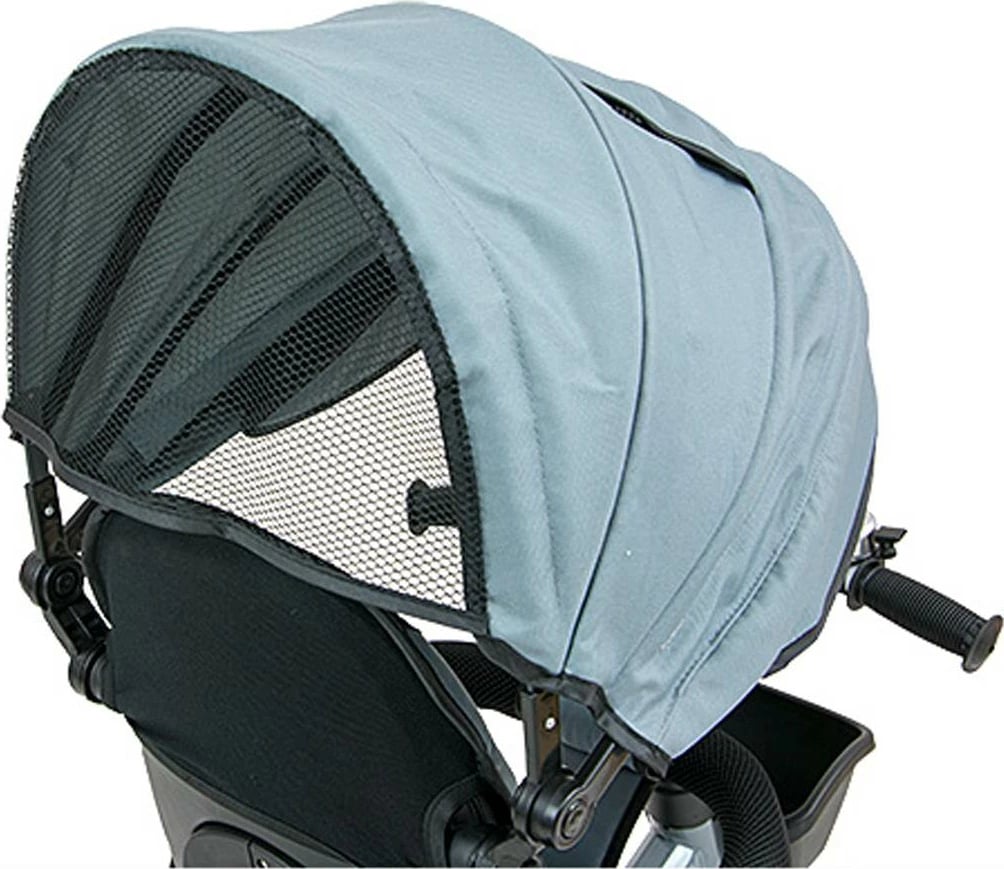 Tricikel për fëmijë Milly Mally Movi sedile 360°, rrota të fryra, dorezë prindi e rregullueshme, tendë palosëse, gri