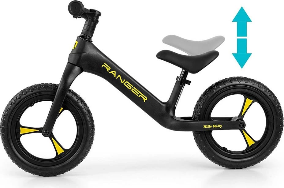 Biçikletë balancuese fëmijësh, Milly Mally Ranger, rrota 12" EVA pa shpim, kornizë kompozite e lehtë, sedilje e rregullueshme, e zezë