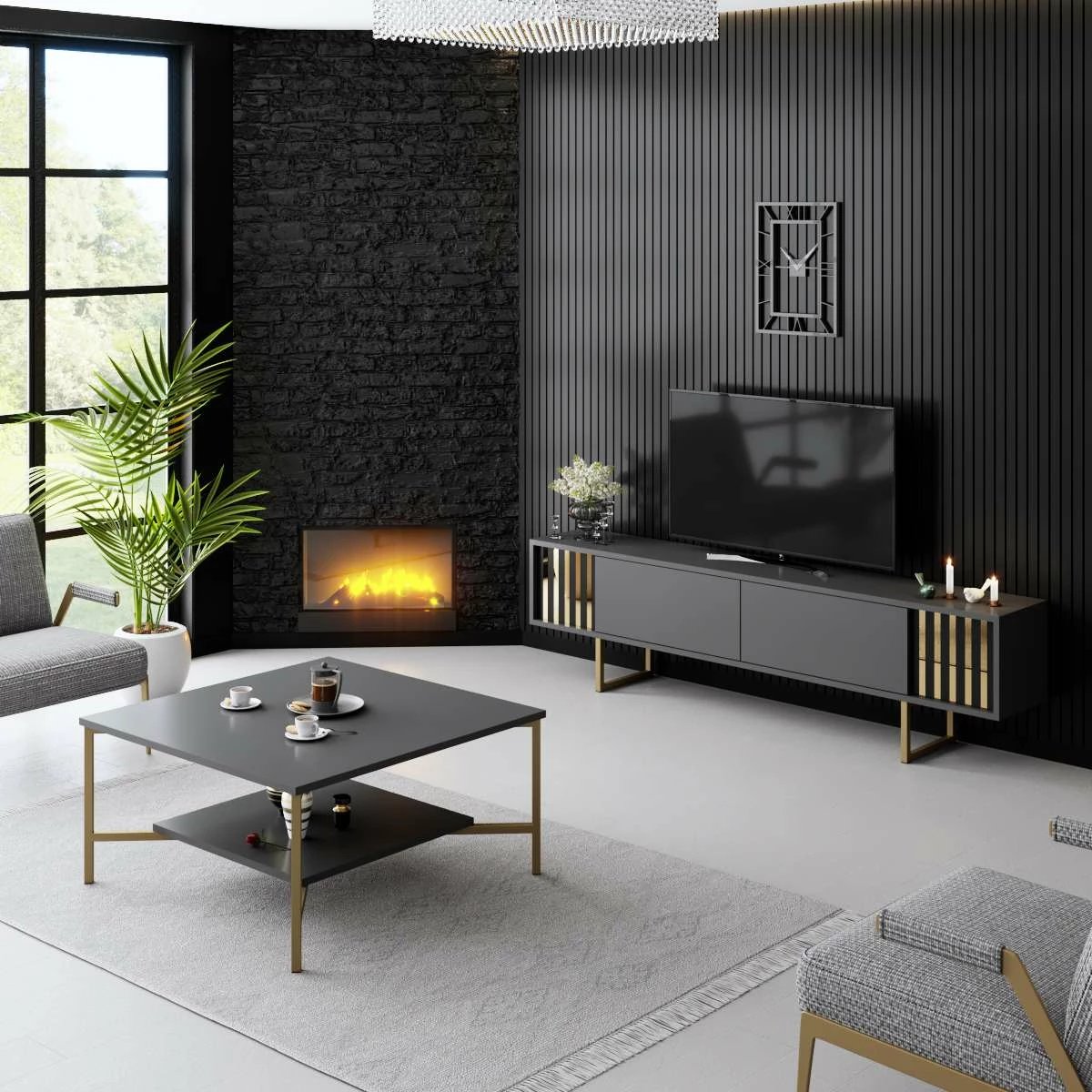 Komodë TV Hanah Home, Gold Line, antracit, ari