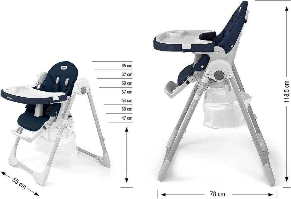 Karrige e lartë bebe, Milly Mally, Bueno Ocean, rregullim lartësie 7-nivel, shpinore reclinueshme, rripa 5-pikësh, 6–36 muaj, blu navy