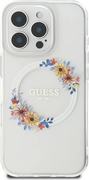 Mbështjellës Guess Flowers Wreath MagSafe për iPhone 16 Pro, Transparent