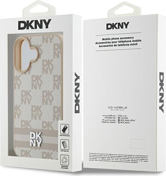 Mbështjellës DKNY për iPhone 16, Checkered Pattern & Printed Stripes, Rozë