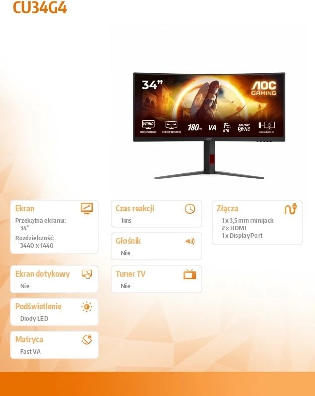 Monitor AOC CU34G4, 34", 180Hz, VA, WQHD, i zi i lakuar Monitor AOC CU34G4, 34", 180Hz, VA, WQHD, i zi i lakuar