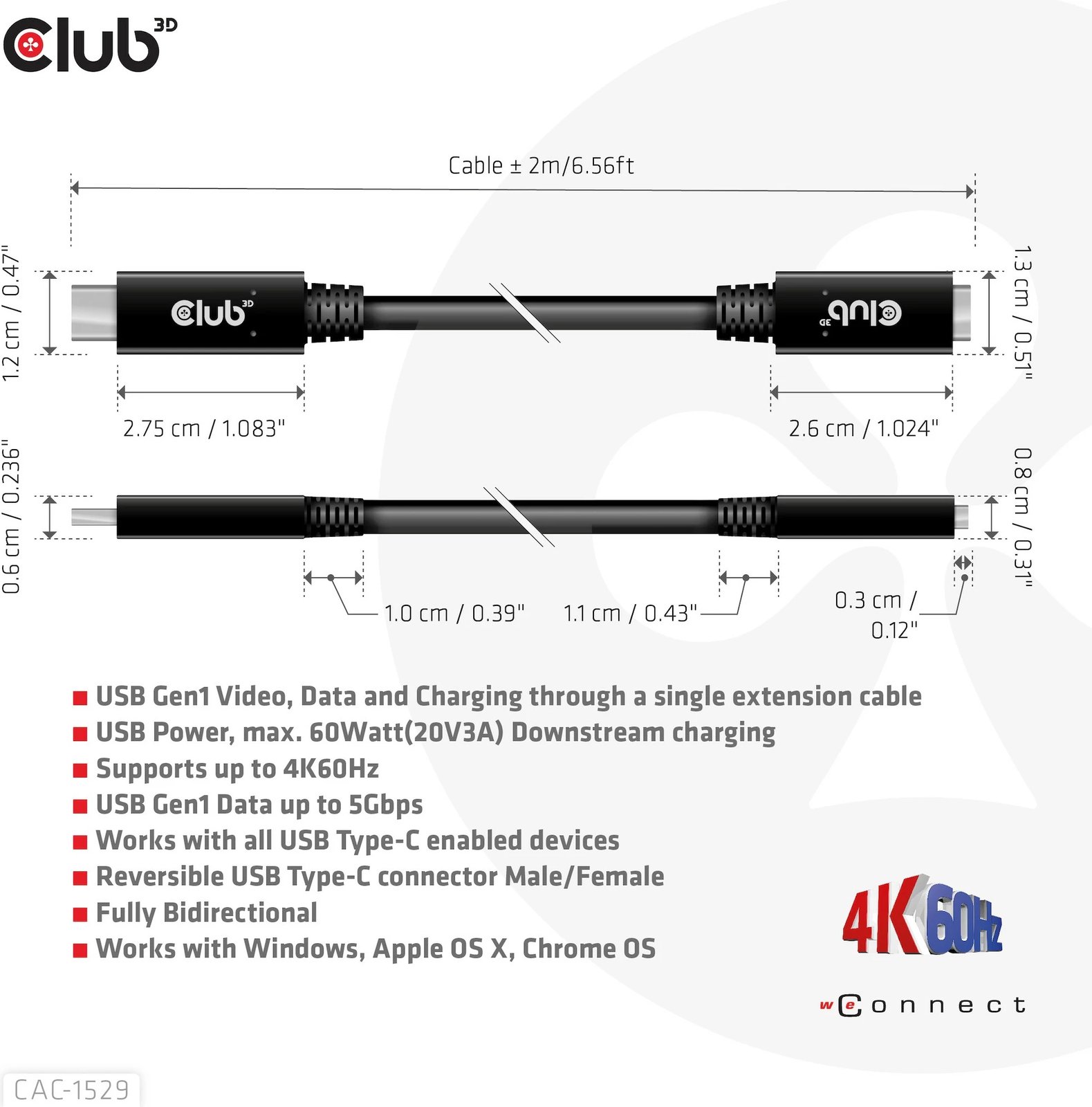 Kabllo USB-C Club3D CAC-1529, 2m, 5Gbps, zgjatues, e zezë