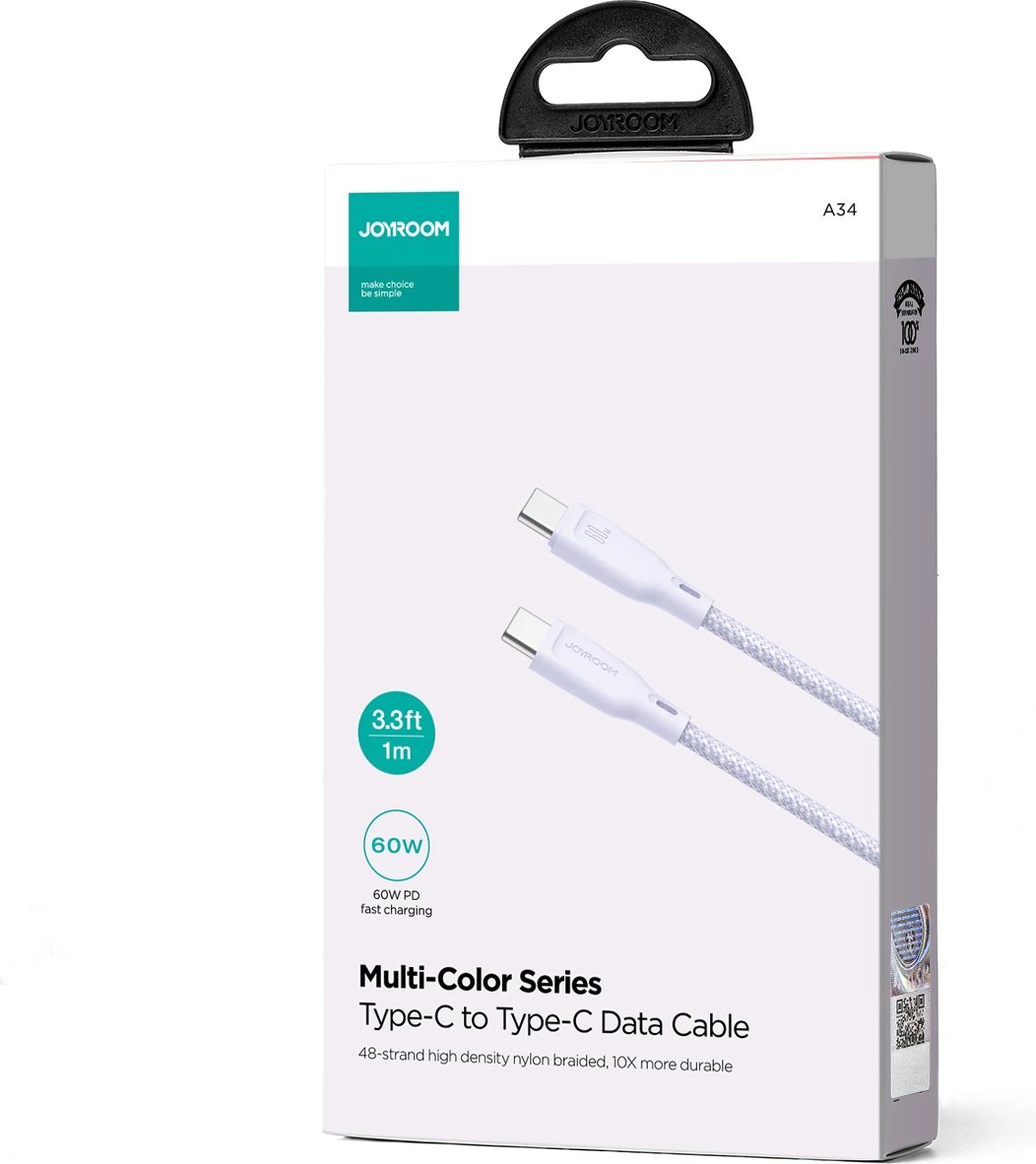 Kabllo USB-C në USB-C Joyroom Multi-Color Series S-A34, 1m, 60W, vjollcë