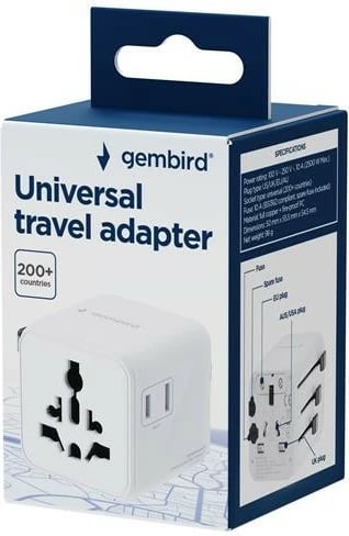 Adapter udhëtimi universal, Gembird, TPA-INT-01-W, priza US/UK/EU/AU, siguresë 10 A, e bardhë