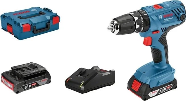 Përforator Bosch GSB 18V-21, 2x bateri 2Ah, Li-Ion, pa çelës, valixhe, zi/blu/kuqe