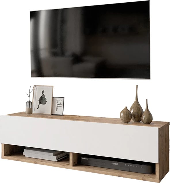 Njësi TV e varur në mur, ngjyrë e bardhë-lisi, 100x31.5x29.5cm