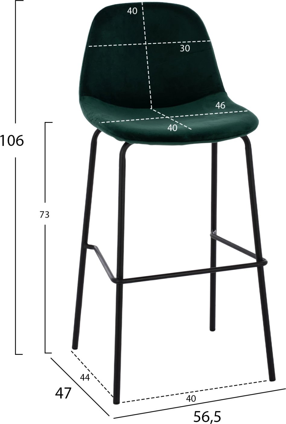 Karrige për bar VINCENT FH8579.13, kadife jeshile dhe kornizë metalike, 56.5x47x106 cm., set prej 4 copë