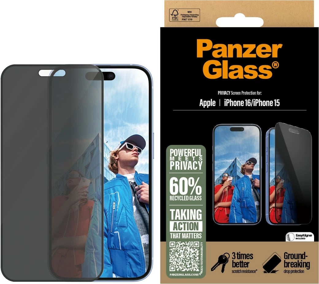 Mbështjellës ekran PanzerGlass për iPhone 16/15, Privacy, transparent
