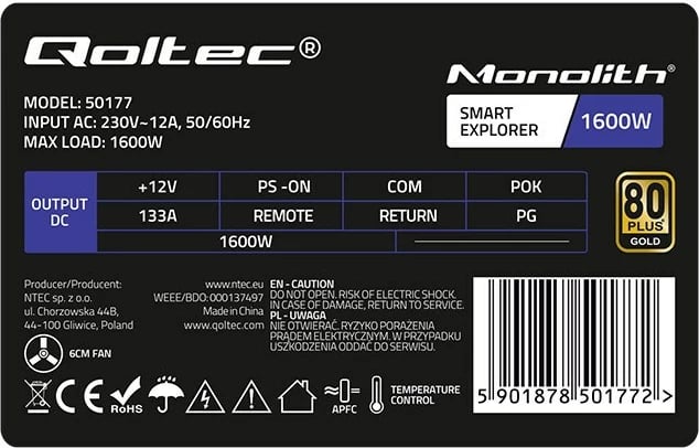 Kasë furnizues energjie Qoltec 50177, 1600W, 80 PLUS Gold, Silver