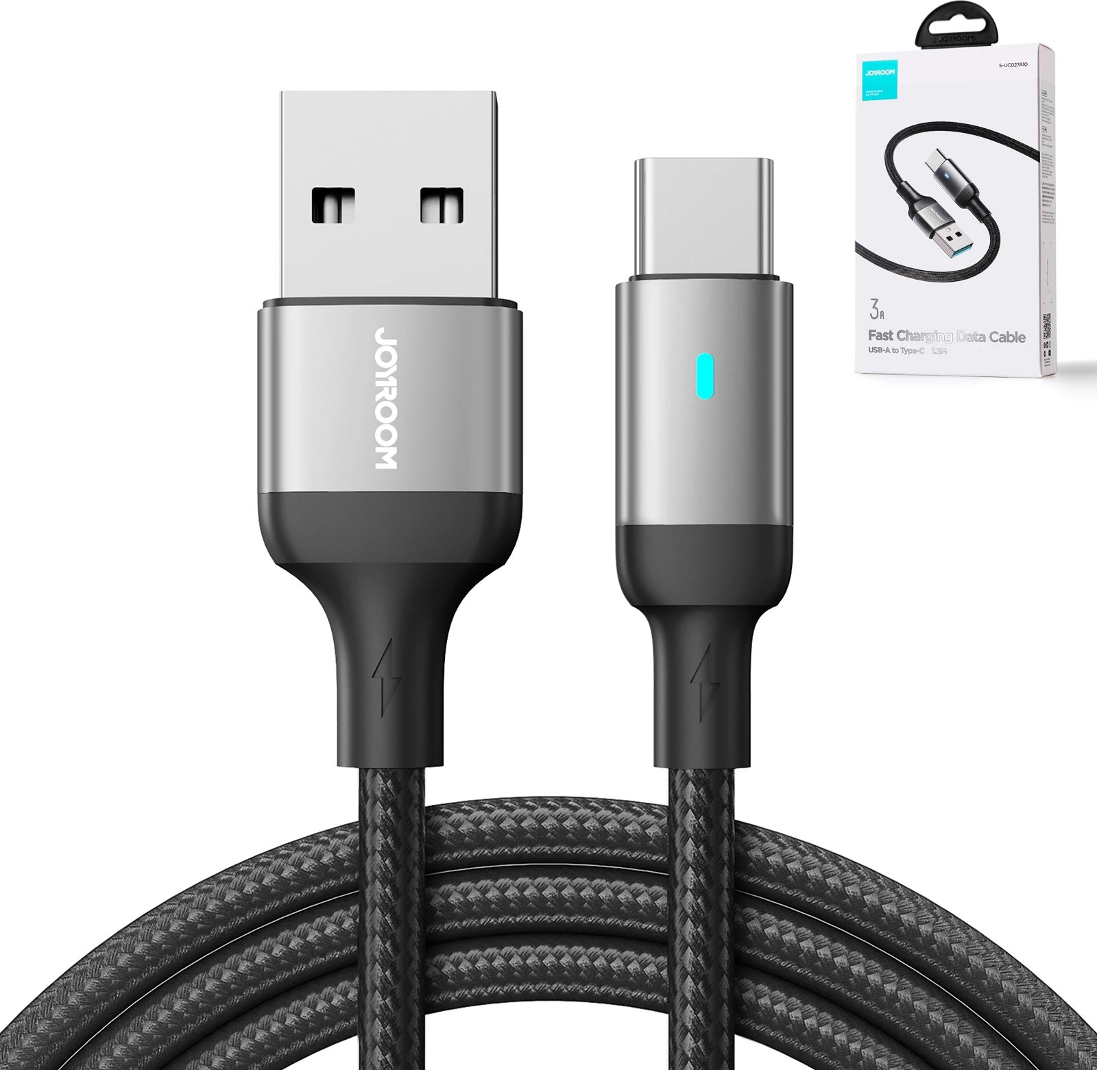 Kabllo USB-A në USB-C Joyroom Extraordinary Series A10 S-UC027A10B 1.2 m 3A LED, e zezë