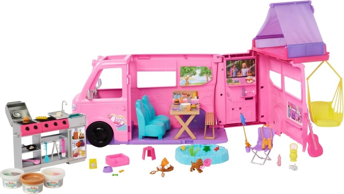 Set lodrash Barbie Dream Camper Mattel HRJ78, me 60+ aksesorë, rozë