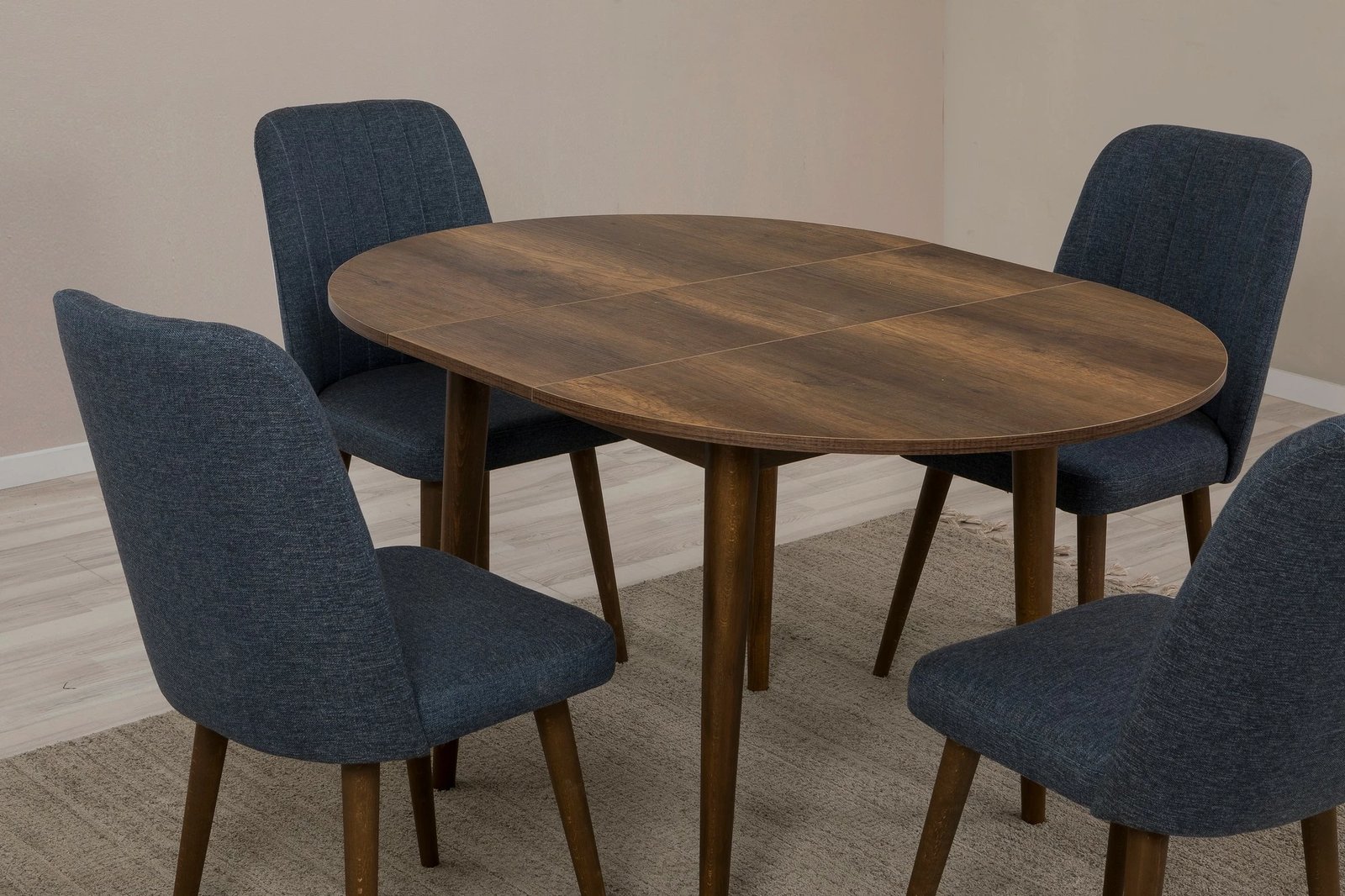 Tavolinë me karrige, zgjatshme, 5 copë, ngjyrë arre, blu e errët, Vina 1048