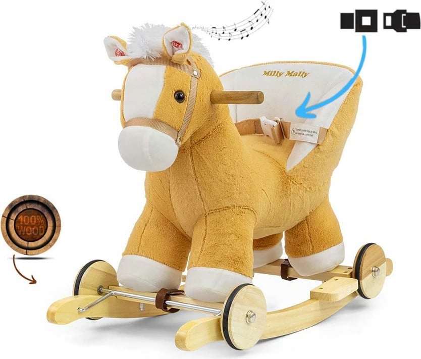 Kalë luhatës, Milly Mally, Polly, me melodi dhe rrota, karrige me rrip sigurie, deri 30 kg, 12–36 muaj, kafe e çelët