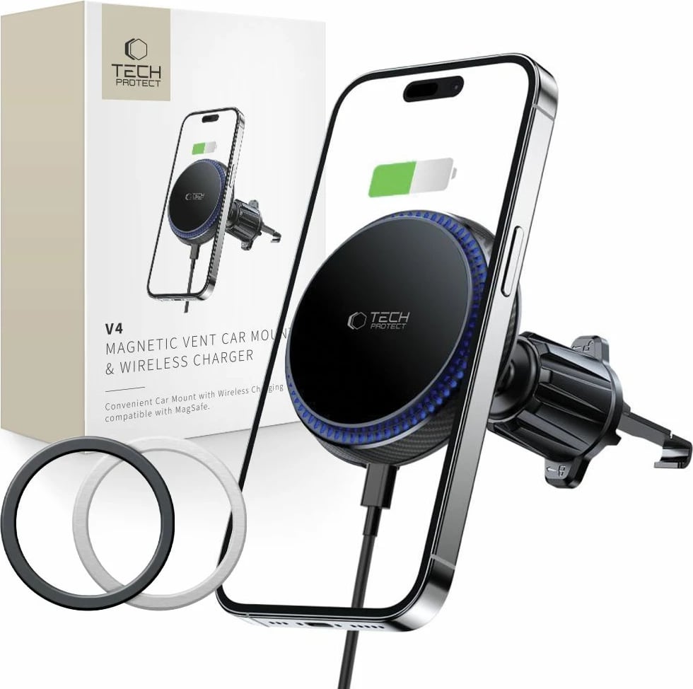 Mbajtës magnetik për celular me karikues wireless Tech-Protect MM15W-V4, për ventilim makine, 15W, i zi