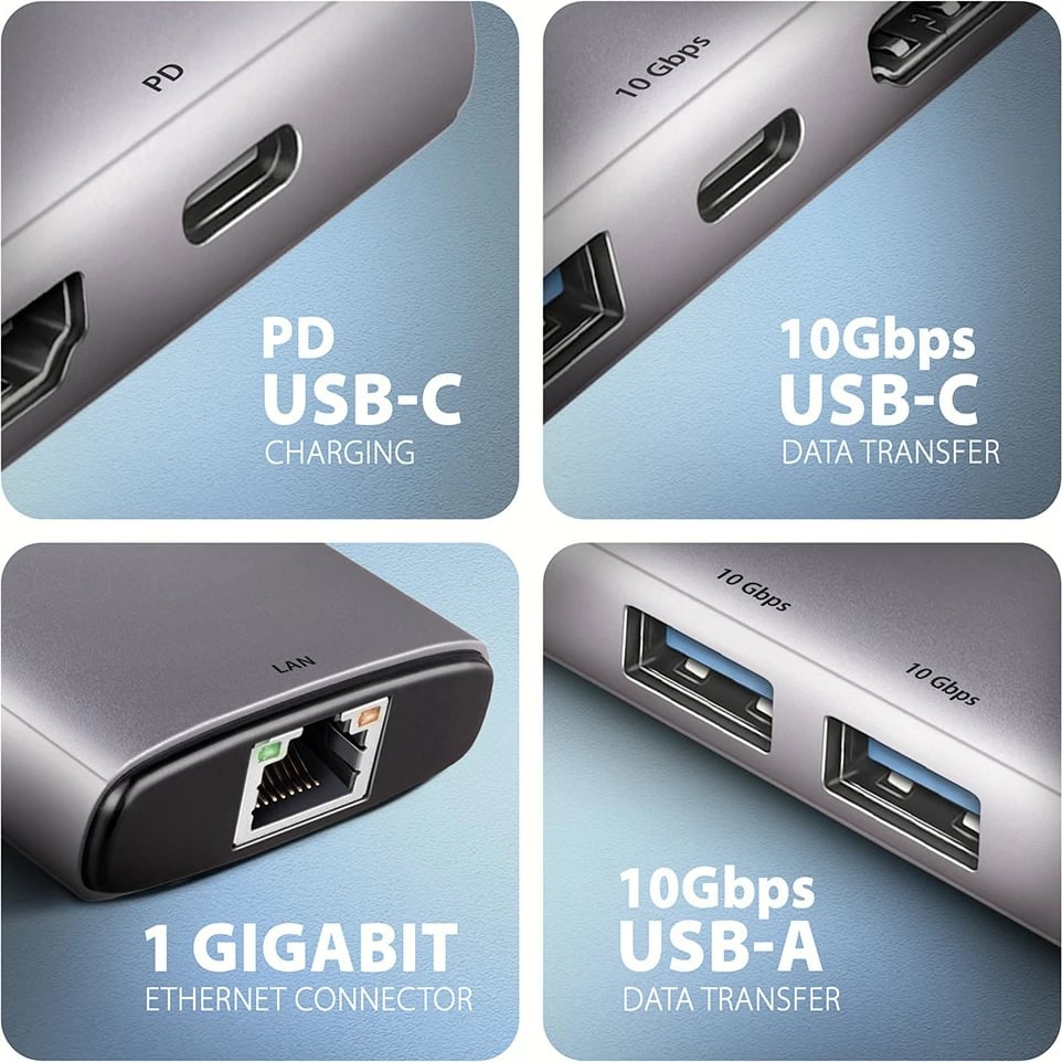 Hub USB-C AXAGON HMC-6G2L 6-në-1, 10Gbps, HDMI 4K/60Hz, PD 100W, Gri