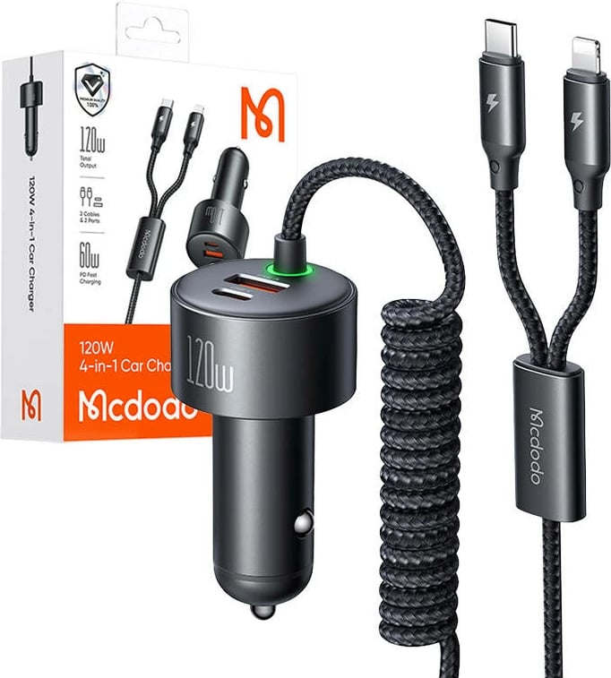 Karikues veture Mcdodo CC-0370, USB-C, Lightning, 120W, kabllo tërheqëse, zi