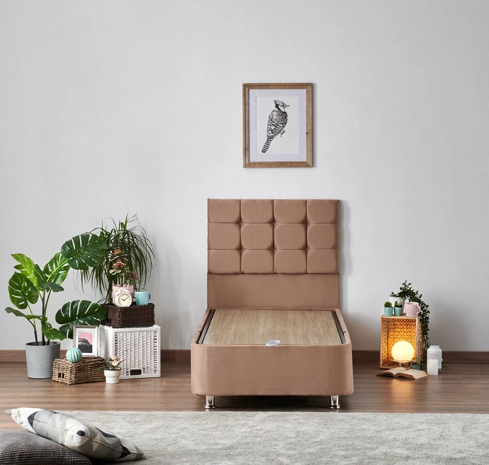 Set krevat tek, dyshek, bazë dhe shtrat, ngjyrë kafe e çelët, Skye Decor, 100x200