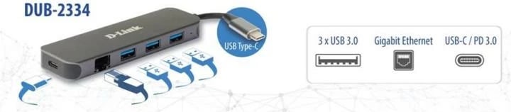 Hub USB-C, D-Link, DUB-2334, 3x USB 3.0 + Gigabit Ethernet, gri