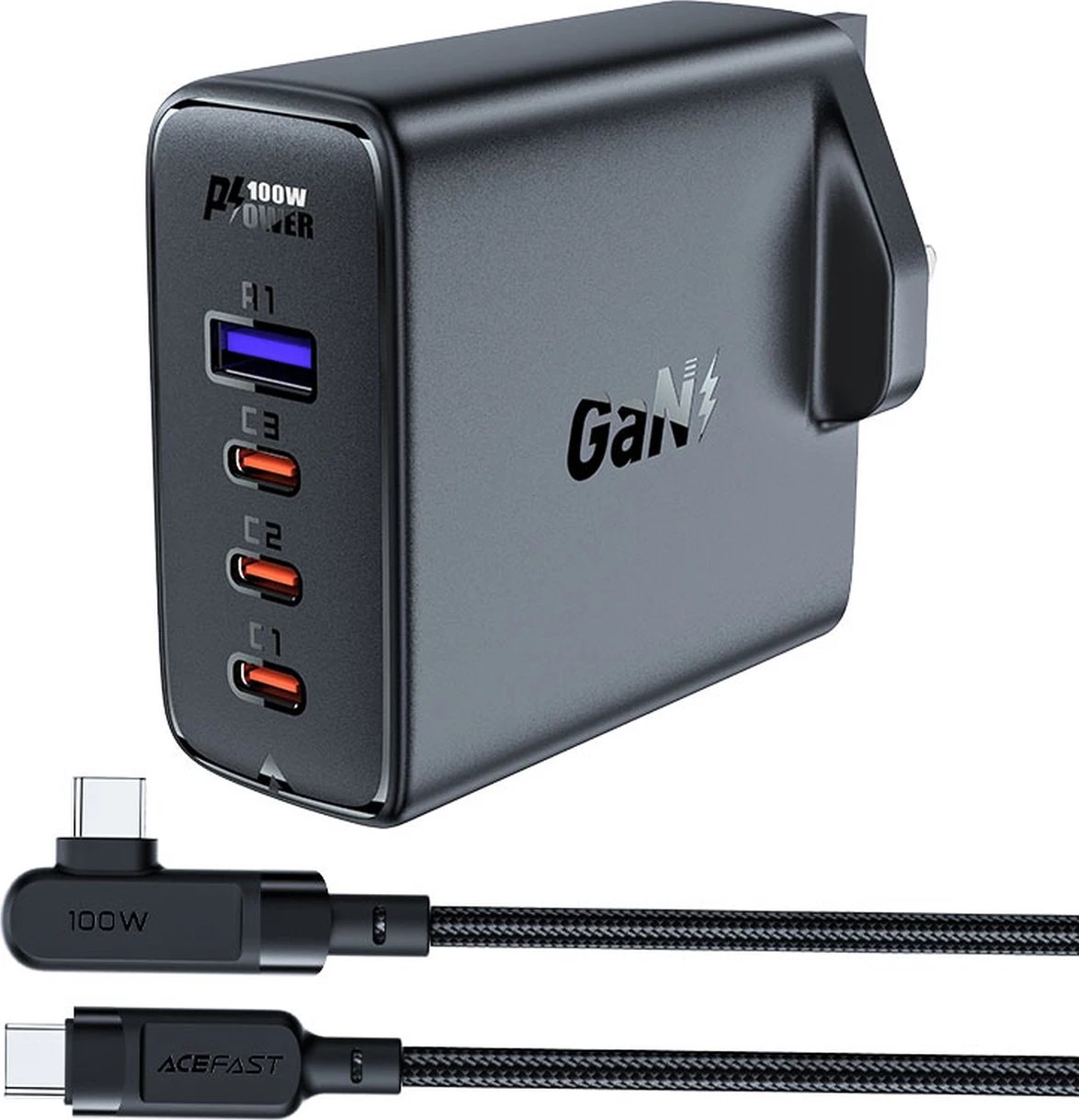 Karikues i shpejtë muri Acefast A40, 100W, 3x USB-C, 1x USB-A, GaN, me kabllo USB-C, UK plug, zi
