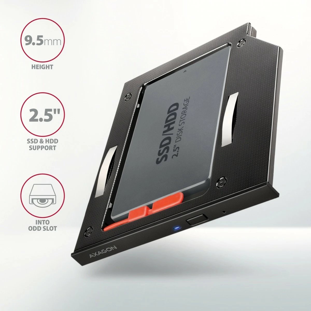 Kasë AXAGON RSS-CD09 për SSD/HDD 2.5", për slot DVD 9.5mm, Alumini, E zezë