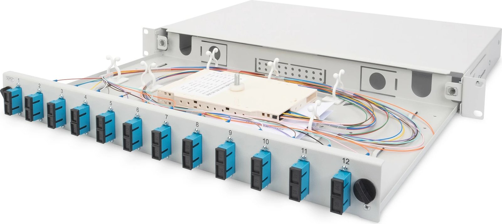 Kutia për fibra optike Digitus, përbrenda, çeliku, 428x240x44mm, quick lock