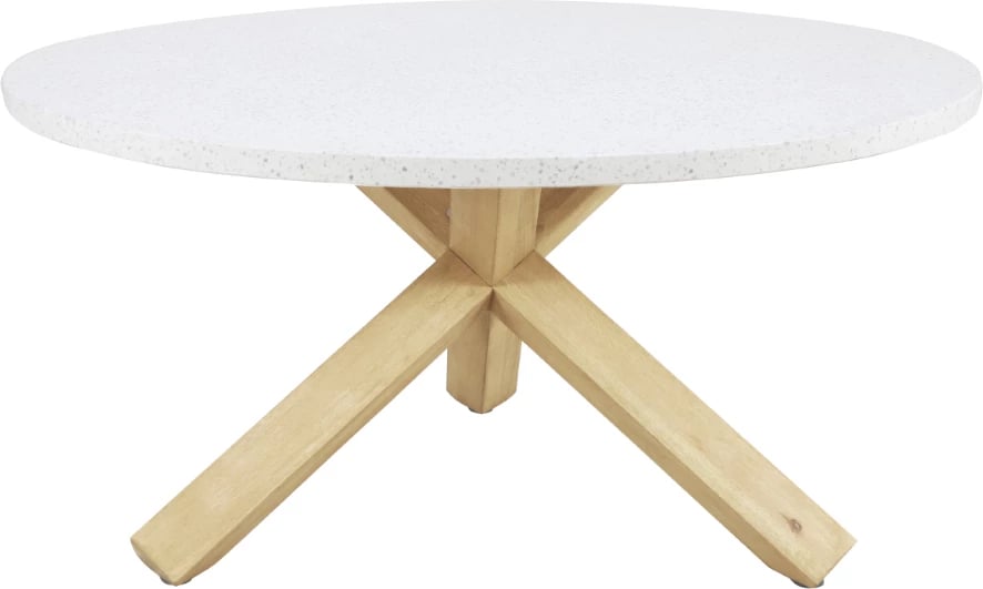 Tavolinë Terrazzo, sipërfaqe terrazzo, këmbë dru eukalipt, 150x150x76.3cm