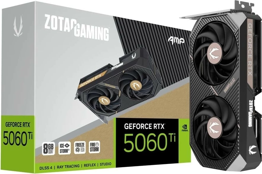 Kartë grafike, ZOTAC, GeForce RTX 5060 Ti AMP (ZT-B50610F-10M), 8GB GDDR7, 128-bit, 3x DisplayPort/HDMI, PCIe 5.0 x8
