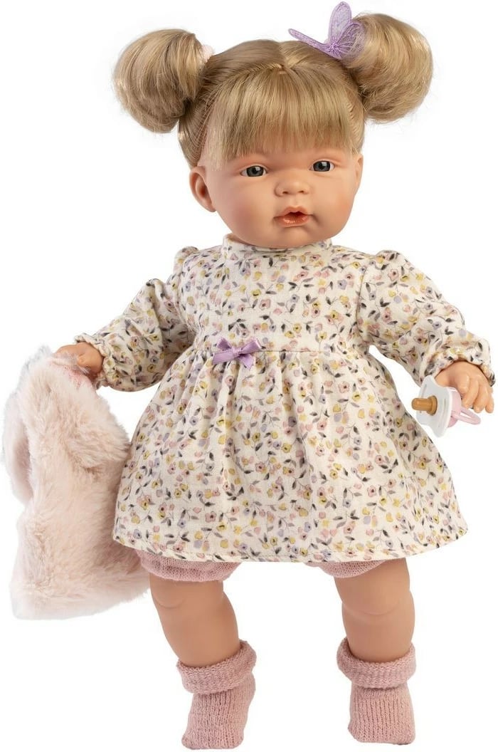 Kukull Llorens Joelle 38 cm, trup i butë, fustan me lule, për vajza
