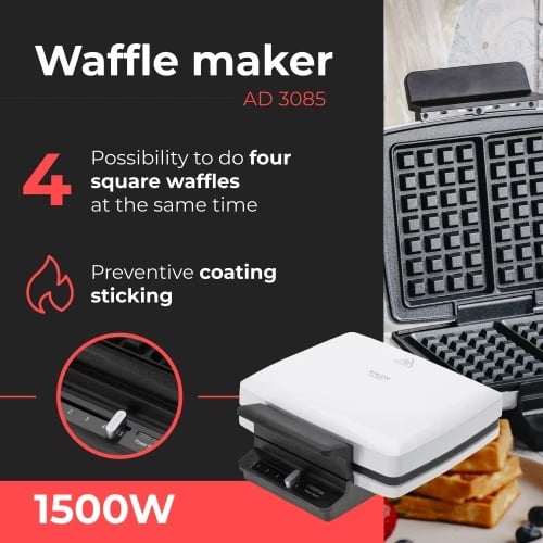 Aparat waffle, Adler AD 3085, 1200-1800W, pllaka jo-ngjitëse, kontroll temperature, 2x 9x15 cm, e bardhë