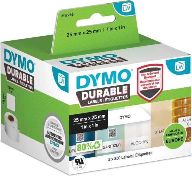 Etiketa vetëngjitëse DYMO Durable, 2.5x2.5 cm, 2 rrotulla, e bardhë