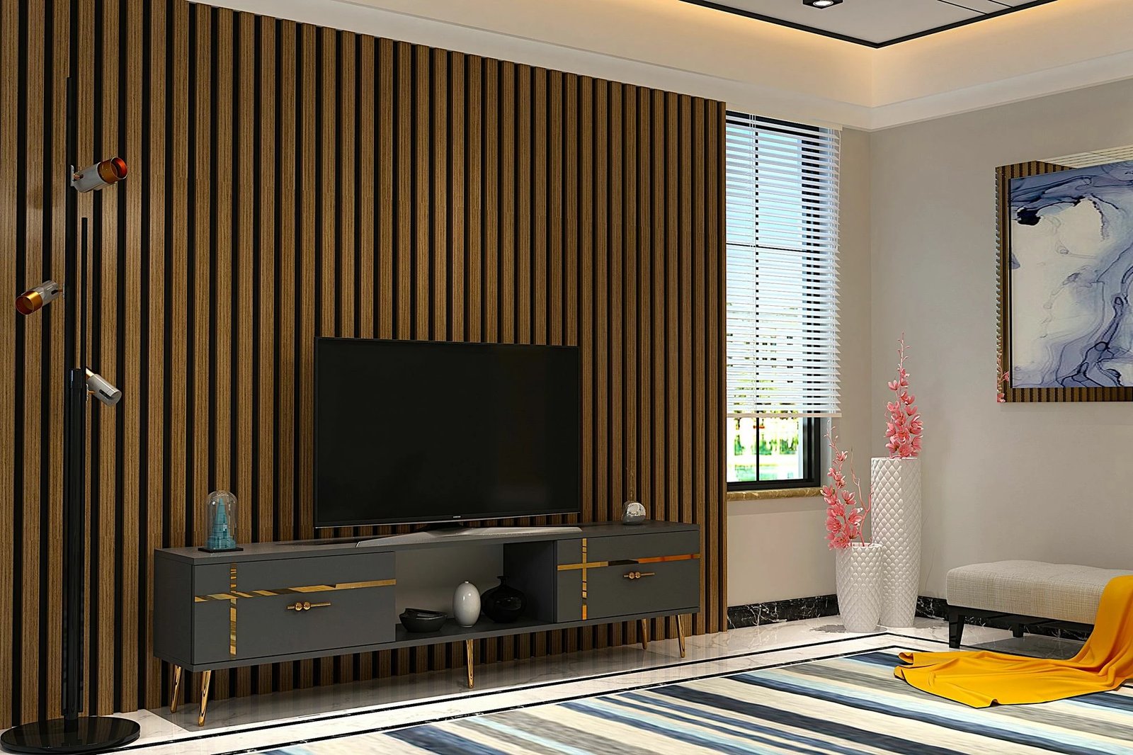 Komodë TV Skye Decor, ngjyrë antracit, detaje të arta