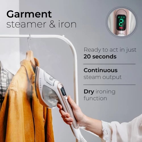 Hekur me avull 2 në 1, Adler AD 5044, 1800W, 180 ml, ngrohje 20 s, pllakë qeramike, LED, përdorim horizontal/vertikal, e bardhë/ari