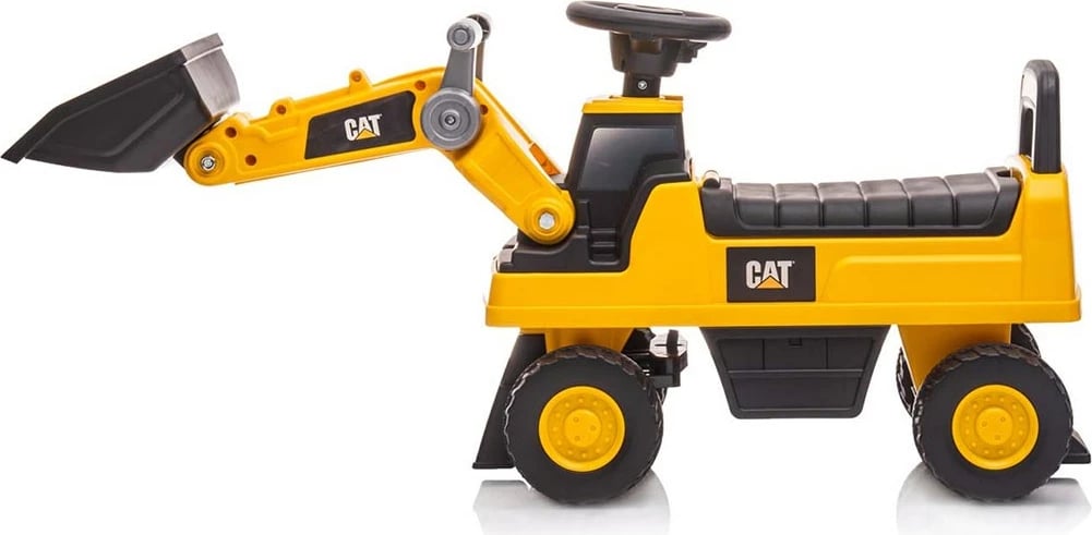 mjet ride-on ngarkues, Milly Mally CAT, timon me zë borie, dy blloqe kundër përmbysjes, magazinim nën ulëse, 12–36 muaj, deri 25 kg, e verdhë