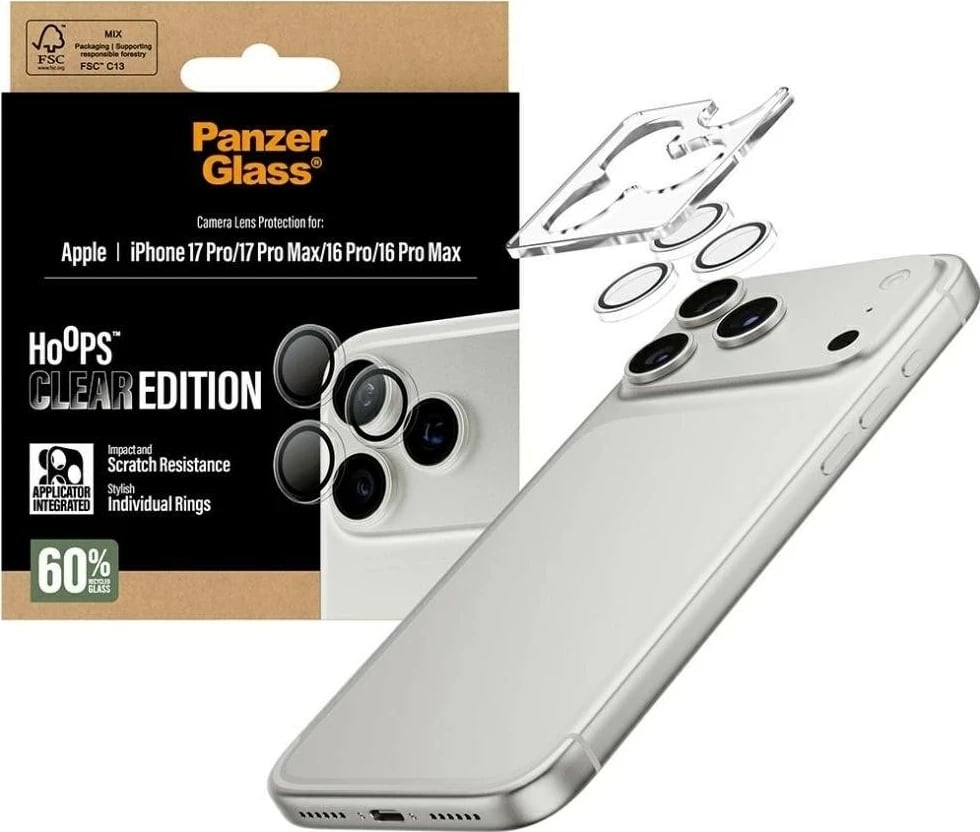 Mbështjellës xhami PanzerGlass për kamerë iPhone 16 Pro/16 Pro Max/17 Pro/17 Pro Max transparent