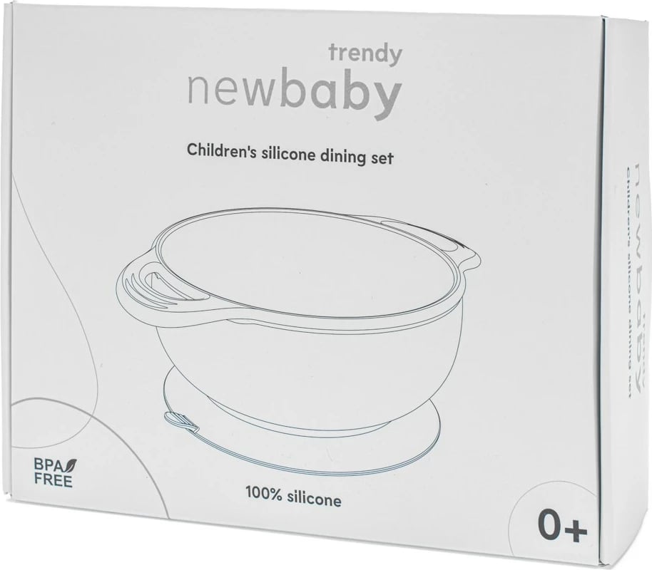 set ushqyerje silikon për fëmijë, New Baby, pjatë 3-ndarje me thithëse, tas me doreza e thithëse, lugë e pirun me doreza druri, përparëse me xhep, bezhë