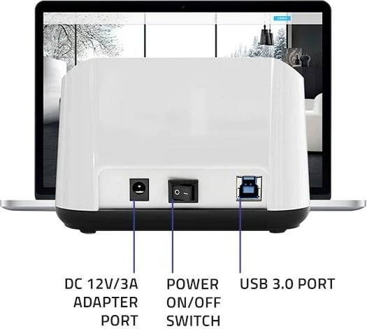Stacion dokimi Qoltec 50309 për HDD/SSD 2.5"/3.5", USB 3.0, funksion klonimi, zi/bardhë