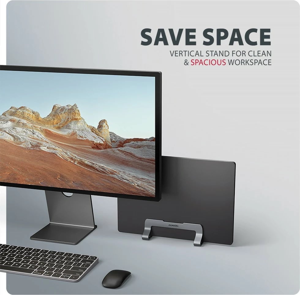 Mbajtës vertikal për laptop/tablet, AXAGON STND-VG, 10–17.3", alumini, gjerësi e rregullueshme 9.5–25.5 mm, gri