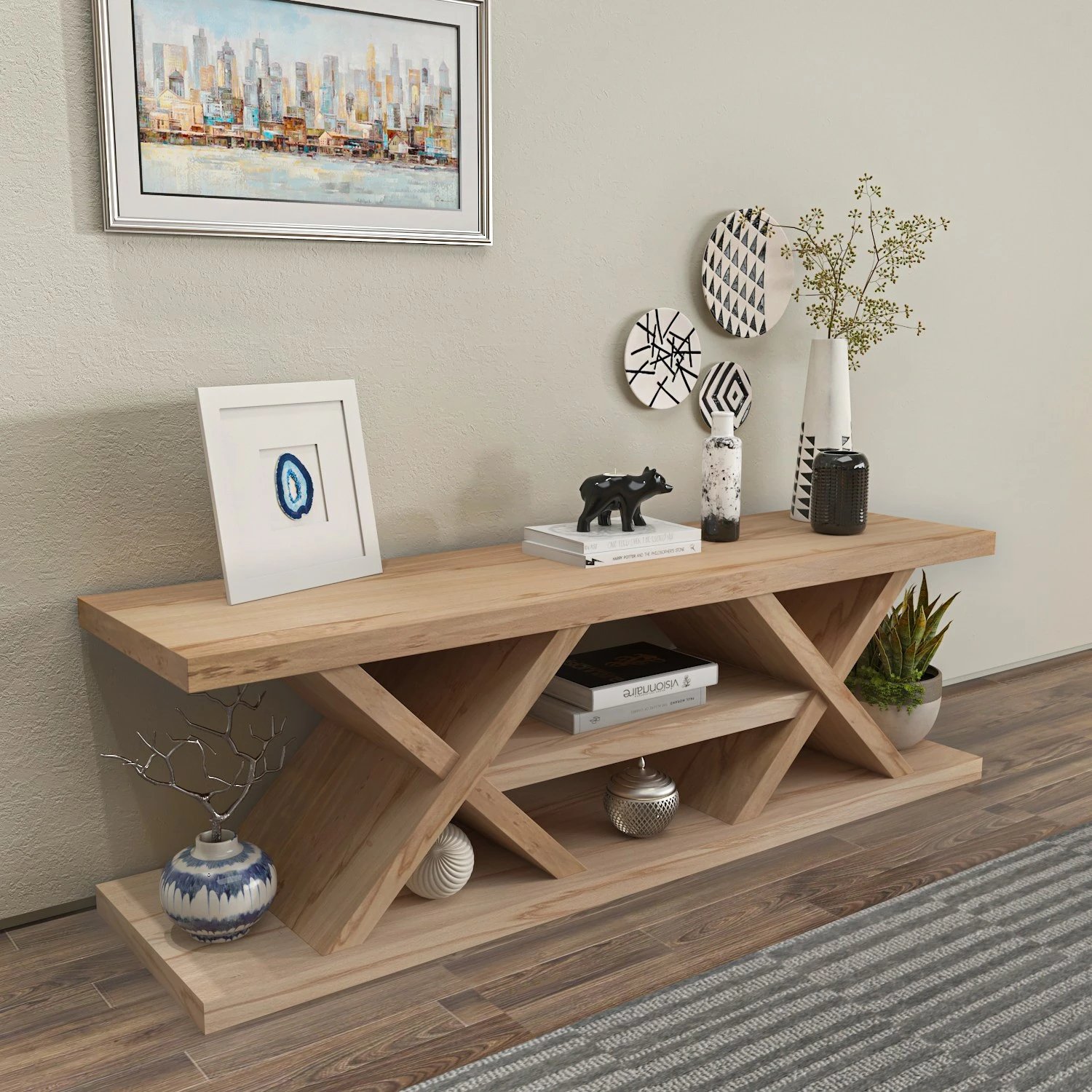 Komodë TV Skye Decor, masiv, ngjyrë lisi