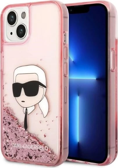 Mbështjellës Karl Lagerfeld Liquid Glitter Karl's Head për iPhone 14 Plus, Rozë