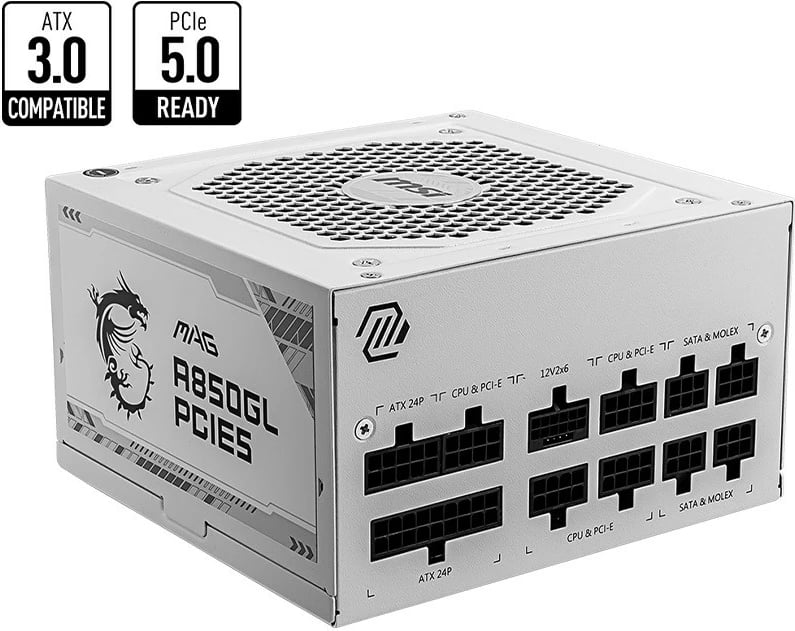 Furnizim me energji modular, MSI, MAG A850GL PCIE5, 850W 80 PLUS Gold ATX 3.0 PCIe 5.0, e bardhë
