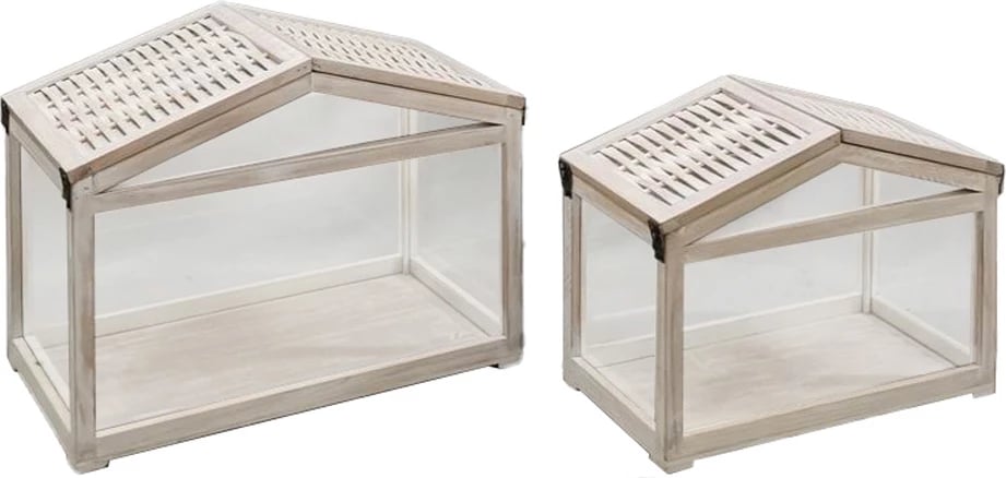 Set dy copësh shtëpiza dekorative prej druri dhe xhami, ngjyrë e bardhë e larë, 46x26x34 cm