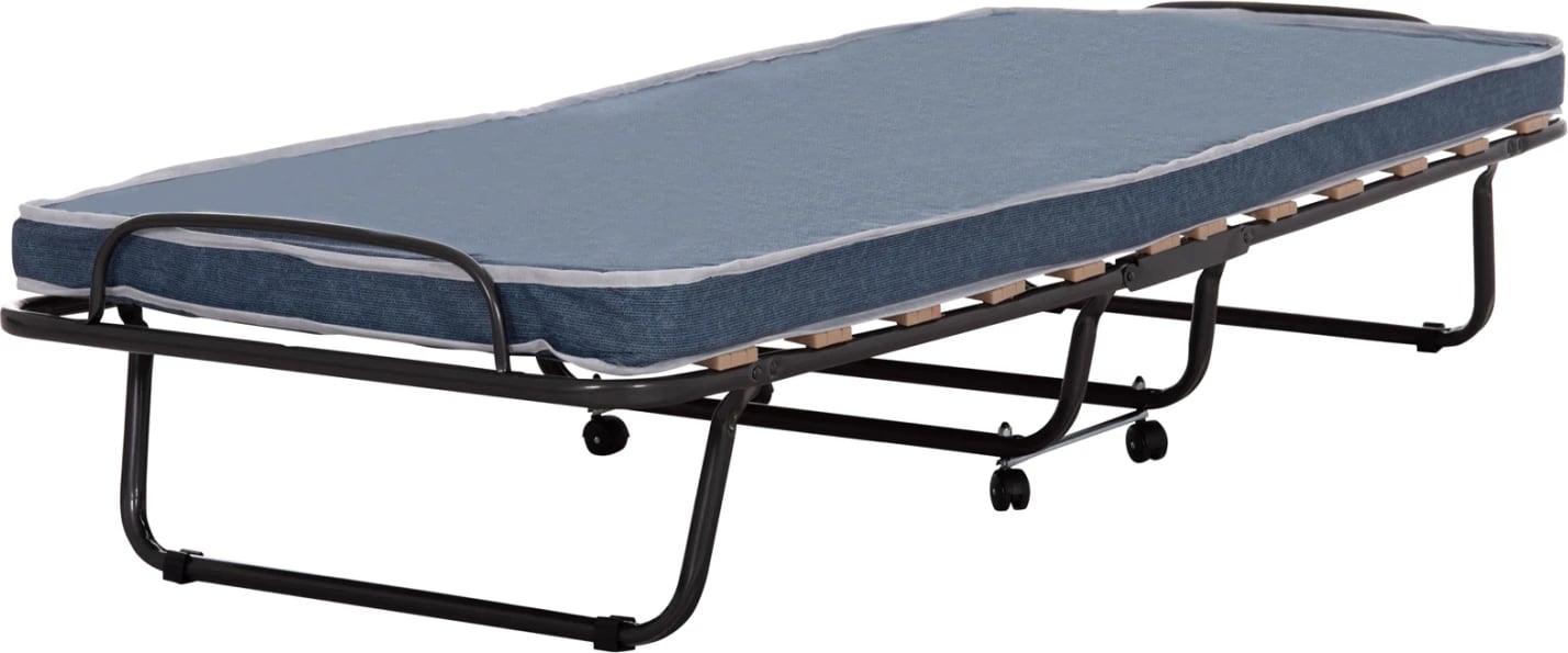 Krevat palosës metalik me rrota, dyshek 6.5cm, pamje xhinse blu, 80x183x37.5cm