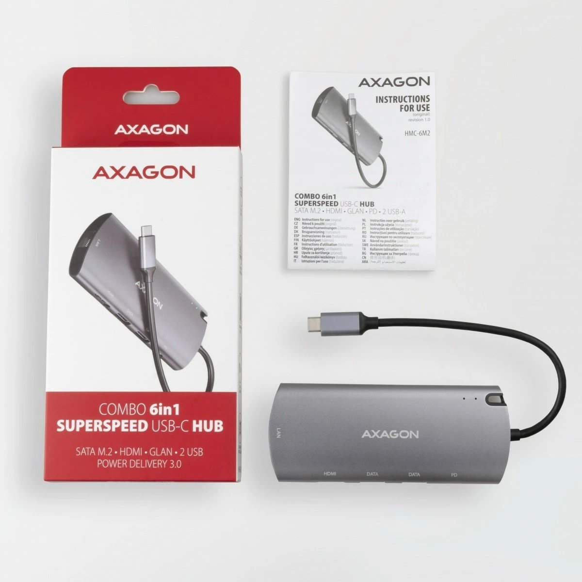 Kasë AXAGON HMC-6M2, multiport USB-C 3.2 Gen 1 hub, slot M.2 SATA, HDMI, GLAN, 2x USB-A, PD 100W, Gri